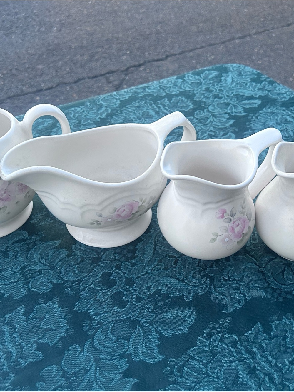 Pfaltzgraff White Ceramic Creamer and Gravy Boat Set with Pink Rose Accents